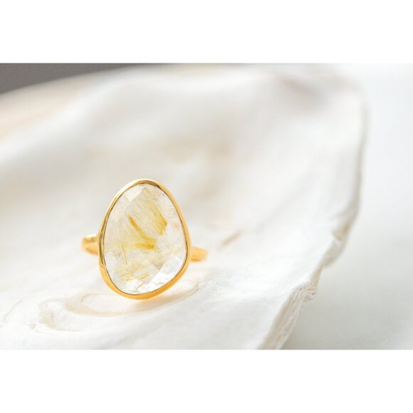 Gemstone Ring Golden Rutile Quartz Ring Statement Ring Gold Rutilated Quartz - Picture 6 of 11